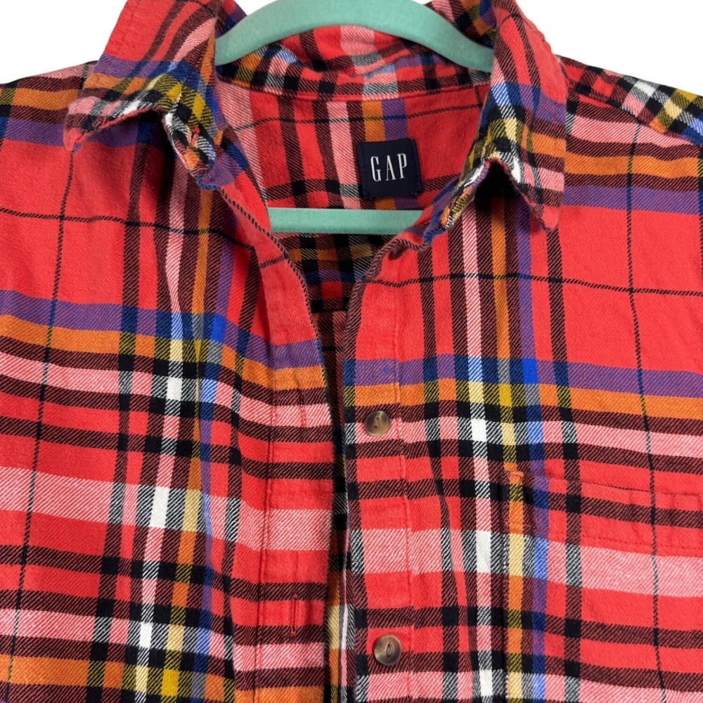 GAP Women's Large‎ Plaid Flannel Shirt Long Sleeve Red Orange Blue Casual Fall